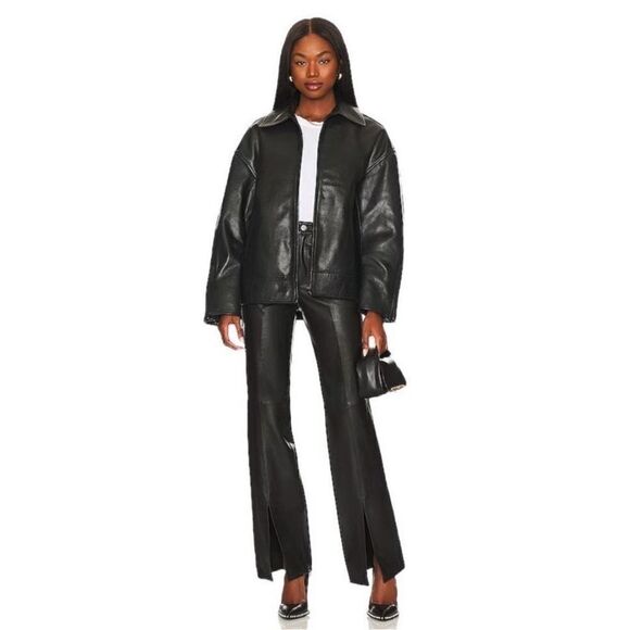 NWT GRLFRND Hallie Slit Leather Ankle Pants in Black - Picture 2 of 4